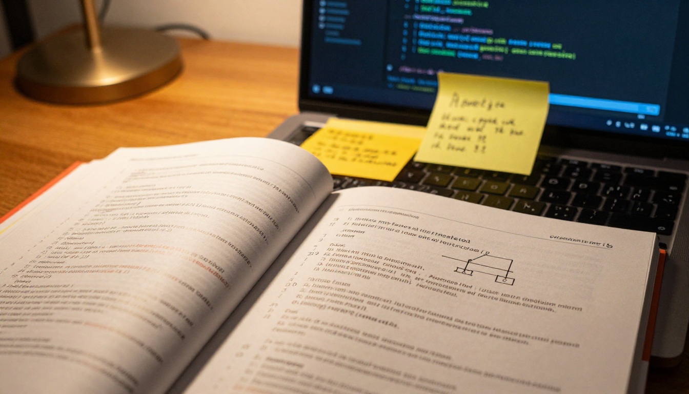 Security programming books and laptop with AI code assistant interface on a desk