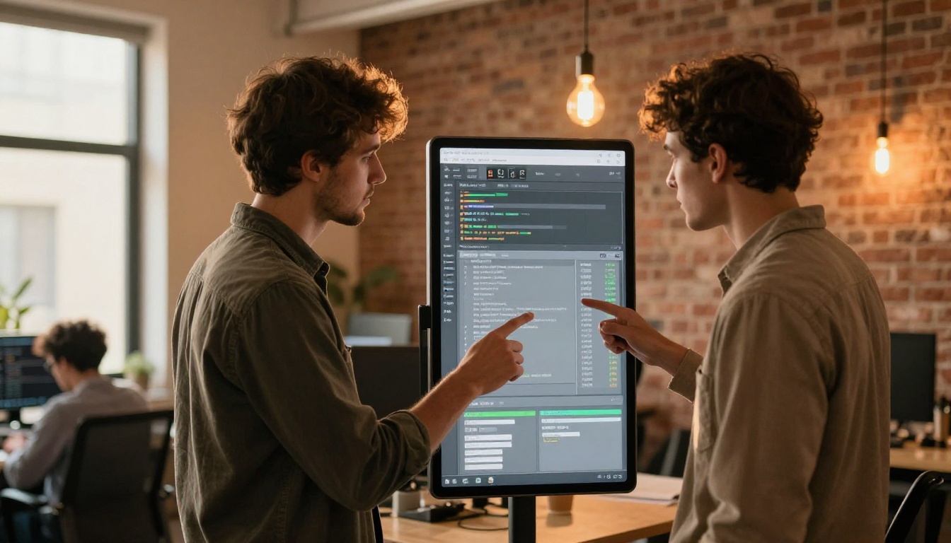 Two creative professionals at a standing desk reviewing a tablet content management interface