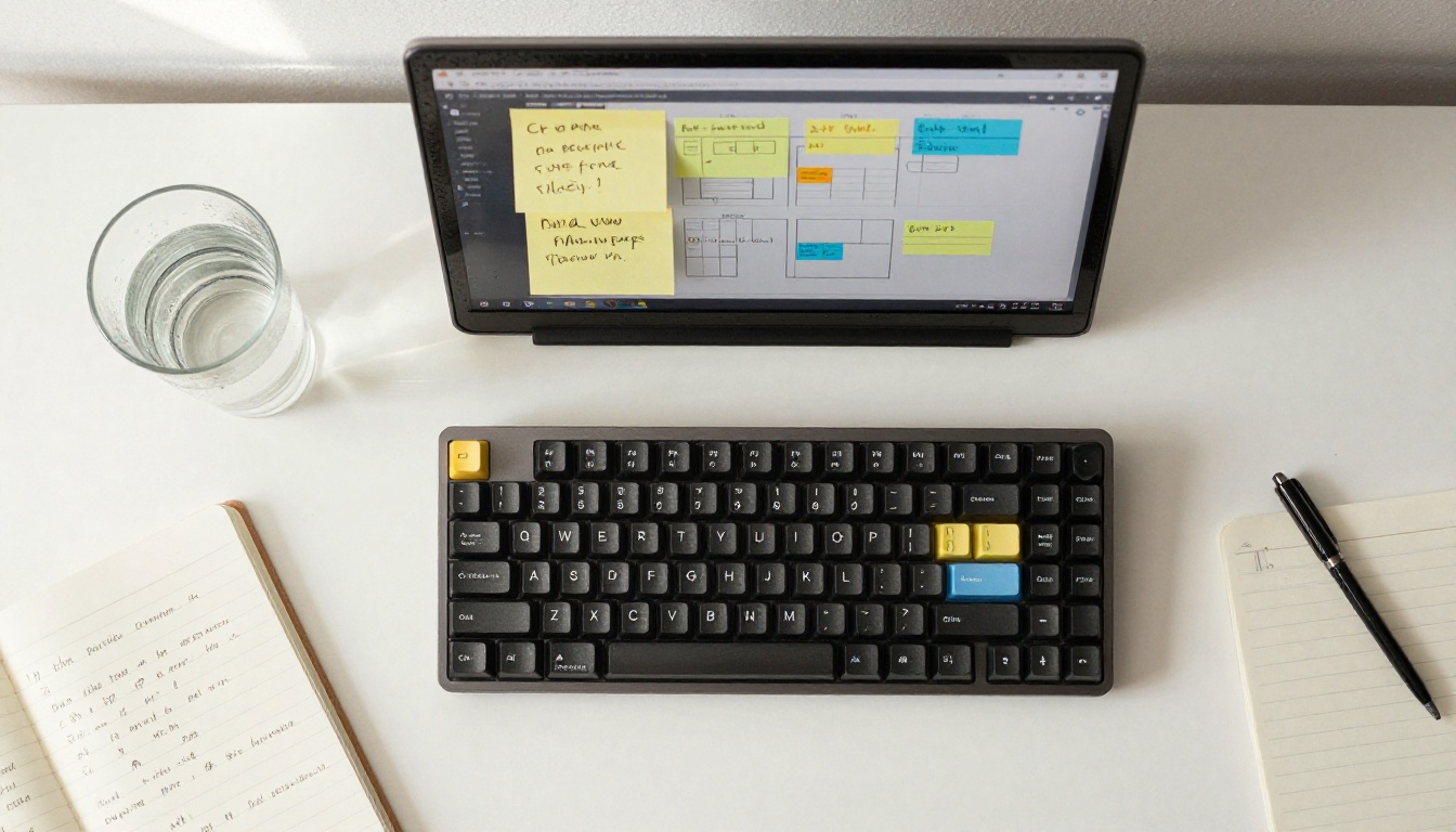 Overhead flat-lay of a white desk with laptop showing content interface, printed workflow diagrams, sticky notes, and open notebook