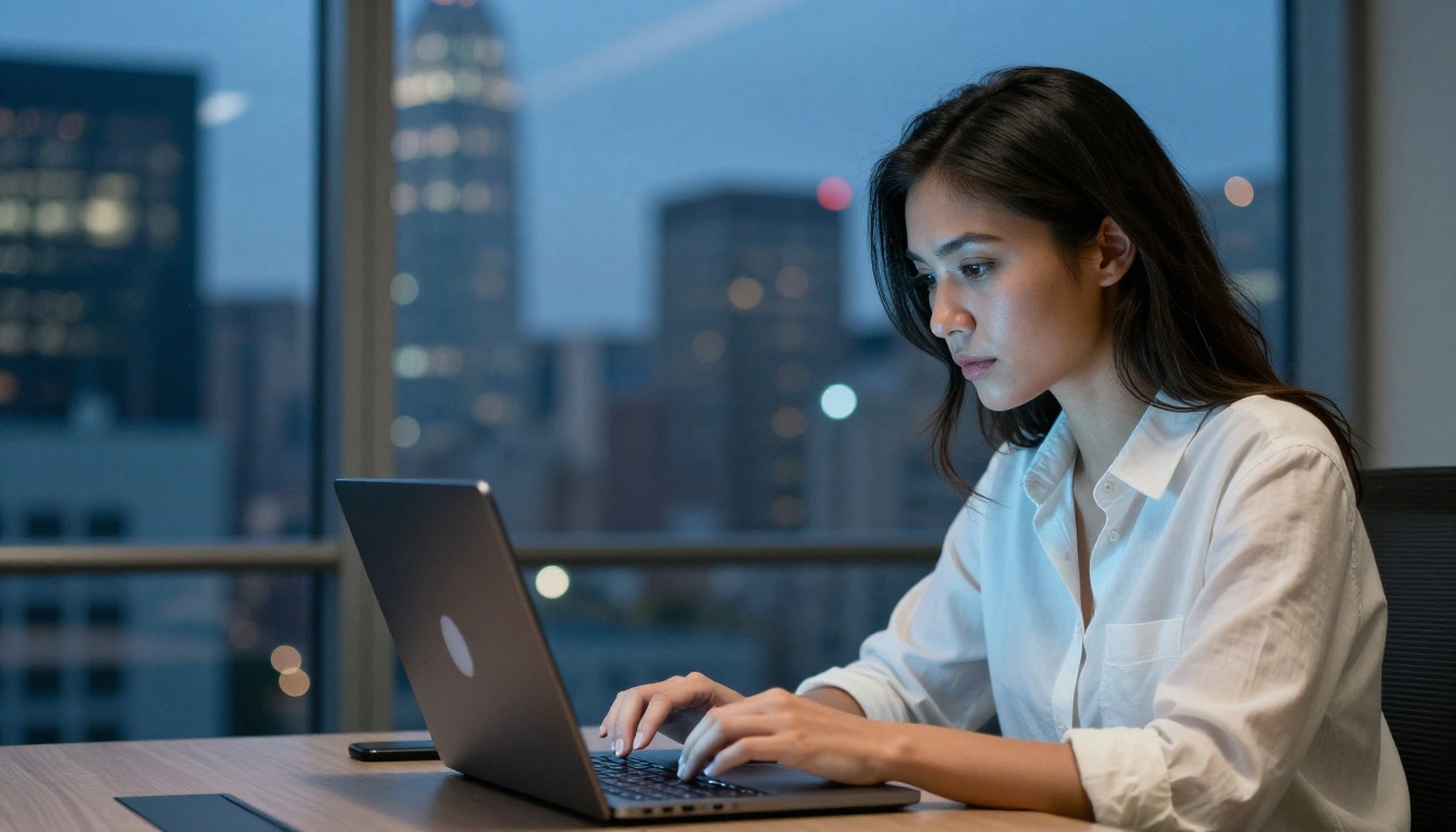 Woman with dark hair working on a content publishing interface in a glass-walled conference room at dusk with city skyline visible