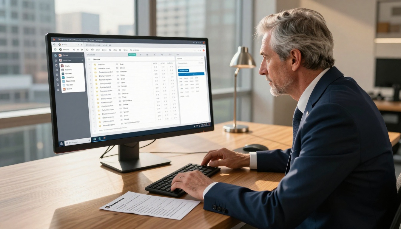 Senior manager in a corner office reviewing a widescreen team management dashboard with user cards and analytics