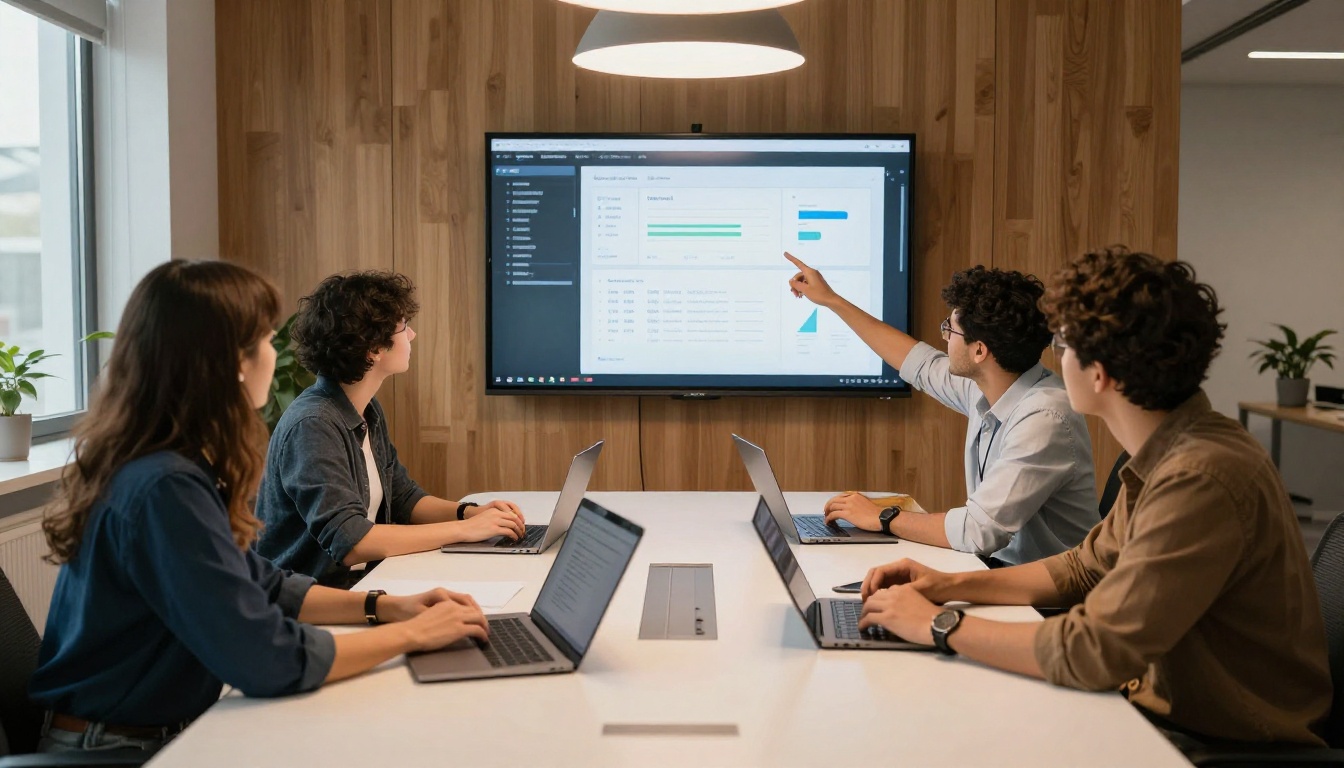 Four diverse professionals gathered around a conference table reviewing an interface comparison projected on a wall
