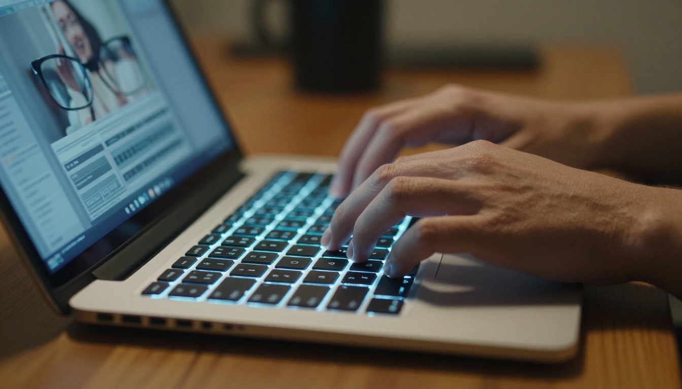 Extreme close-up of hands typing on a slim aluminum keyboard with screen glow illuminating the desk surface