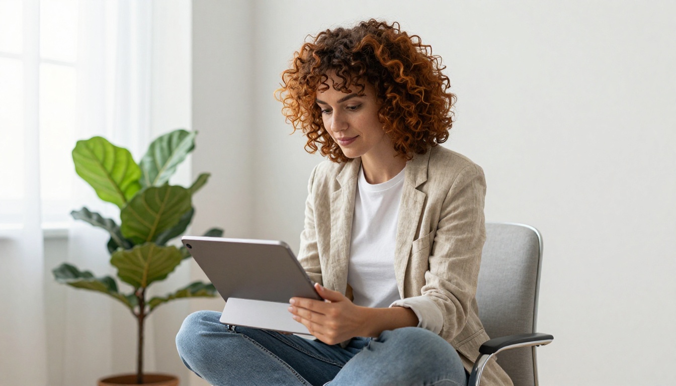 Woman with curly auburn hair reviewing a content approval workflow on a tablet in a bright Scandinavian home office