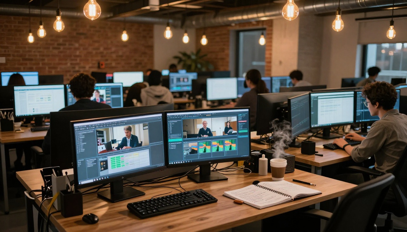Wide shot of a busy newsroom-style content studio with rows of dual-monitor workstations and warm Edison bulb industrial lighting