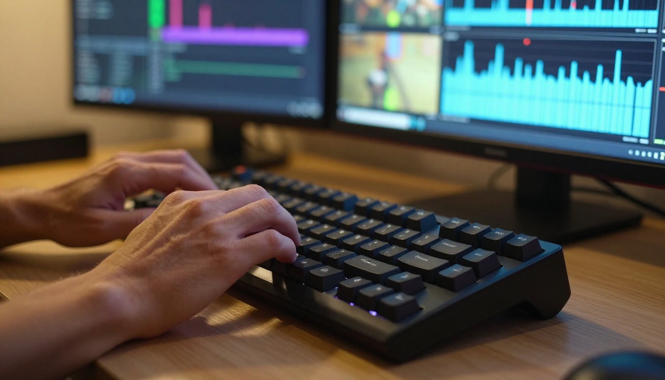 Hands on keyboard in a creative video production studio setup