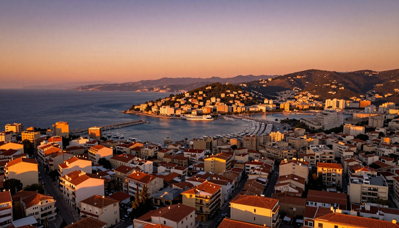 Aerial drone view of a coastal Mediterranean city at golden hour, cinematic color grading