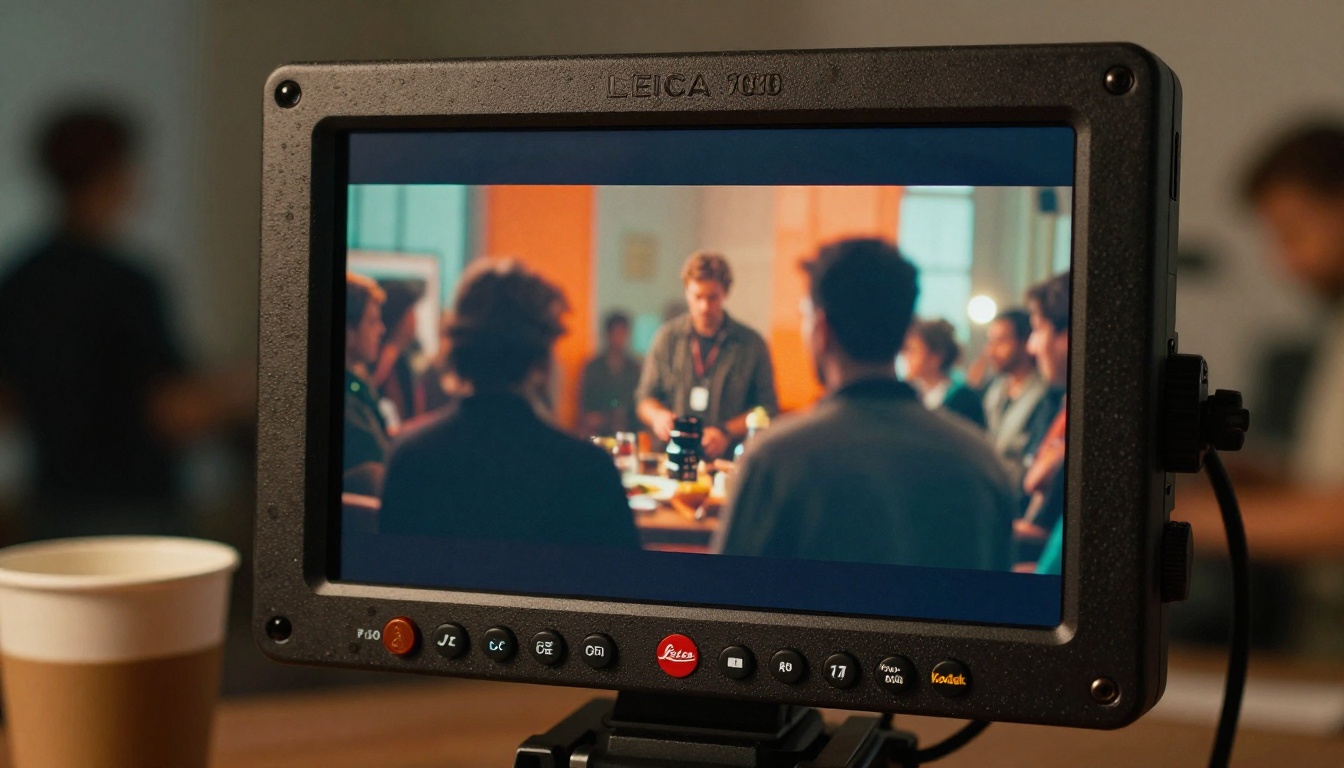 Professional cinema director's monitor on a film set with cinematic orange and teal color grading