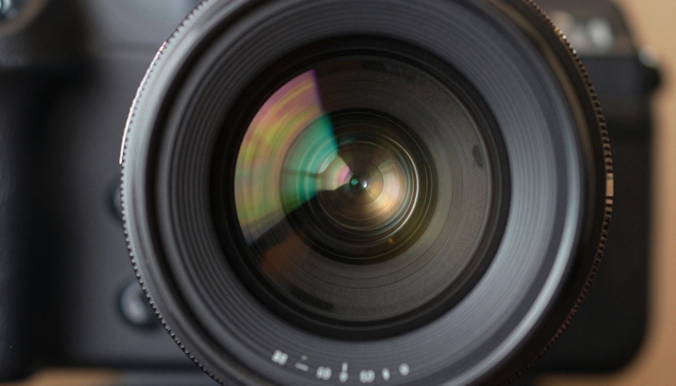 Extreme close-up macro photograph of a cinema camera lens showing internal glass elements and aperture blades