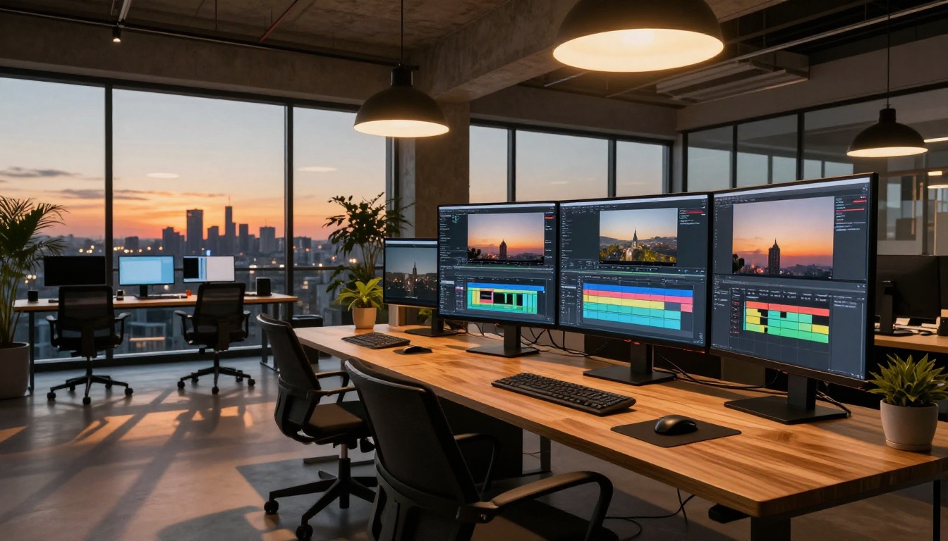 Modern creative video editing workspace at dusk with multiple monitors and city skyline view
