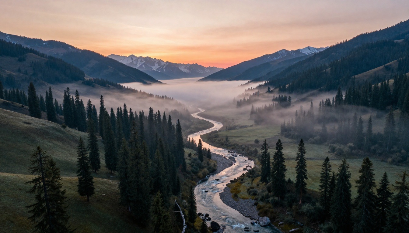 Photorealistic aerial drone photograph of a remote mountain valley at dawn with morning mist and winding river