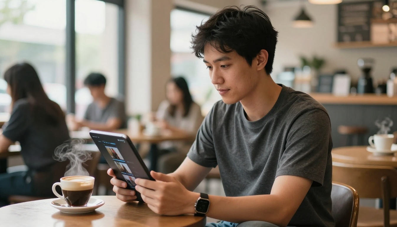 Person in a coffee shop holding a tablet browsing video generation models, natural window light