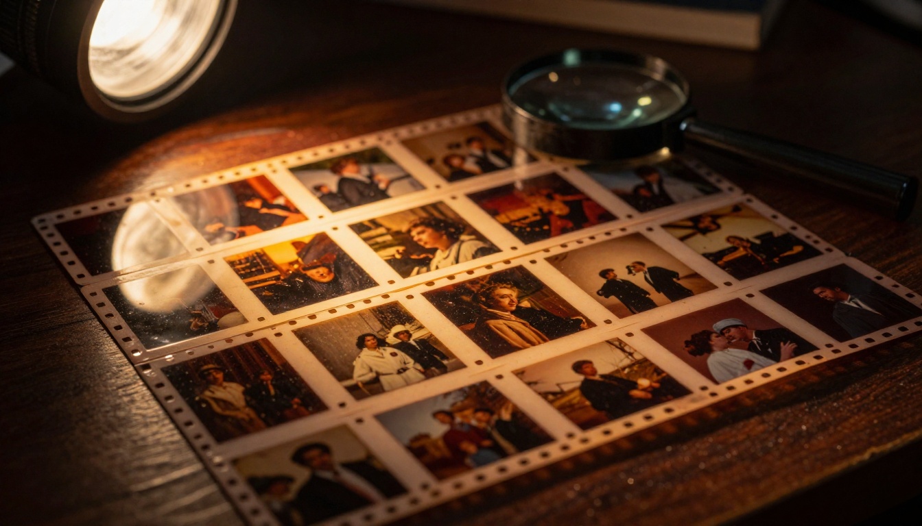 Vintage 35mm film strip on a light box with analog grain and warm illumination from beneath