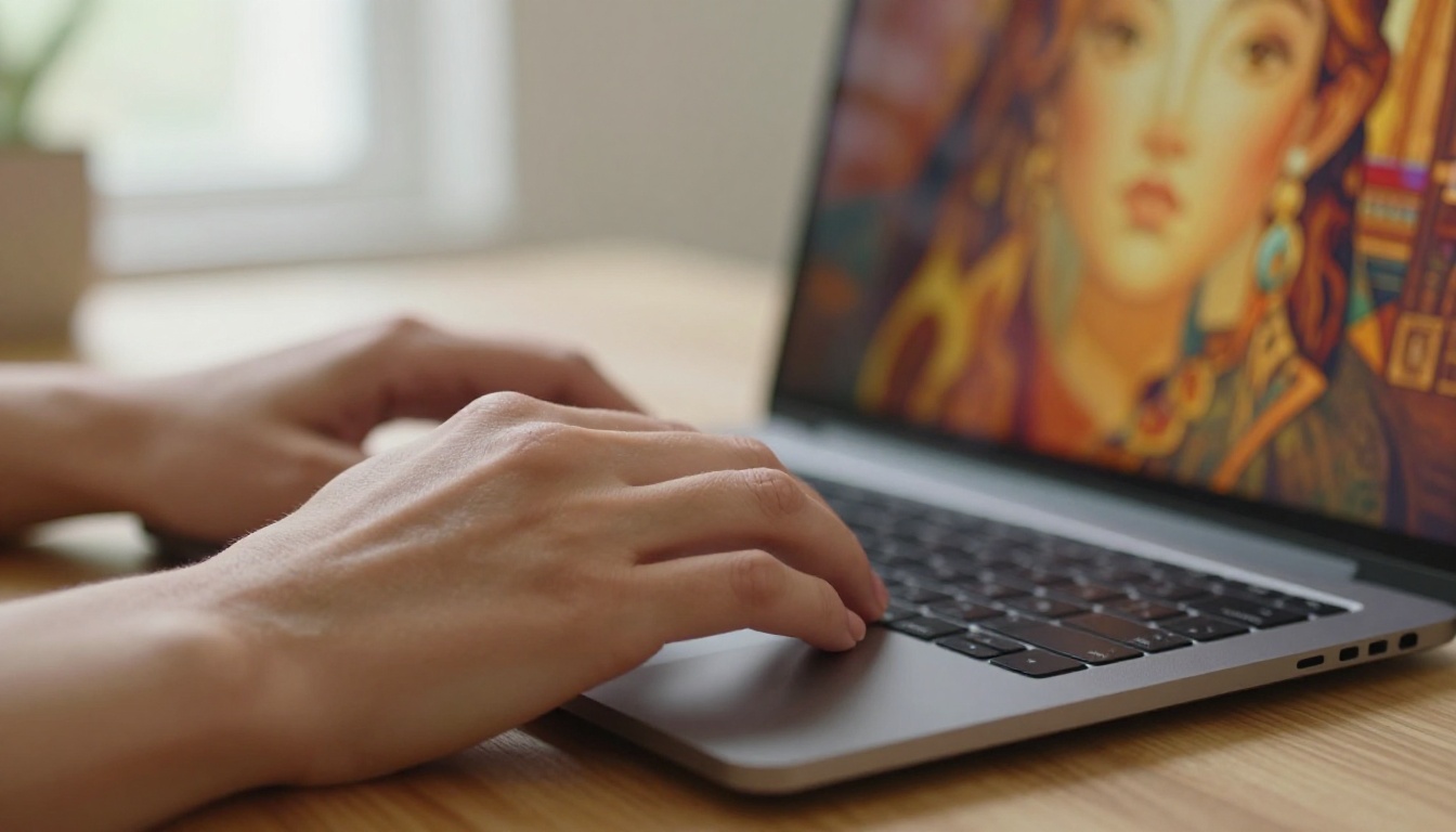 Creator hands typing on laptop with AI art reflected on screen
