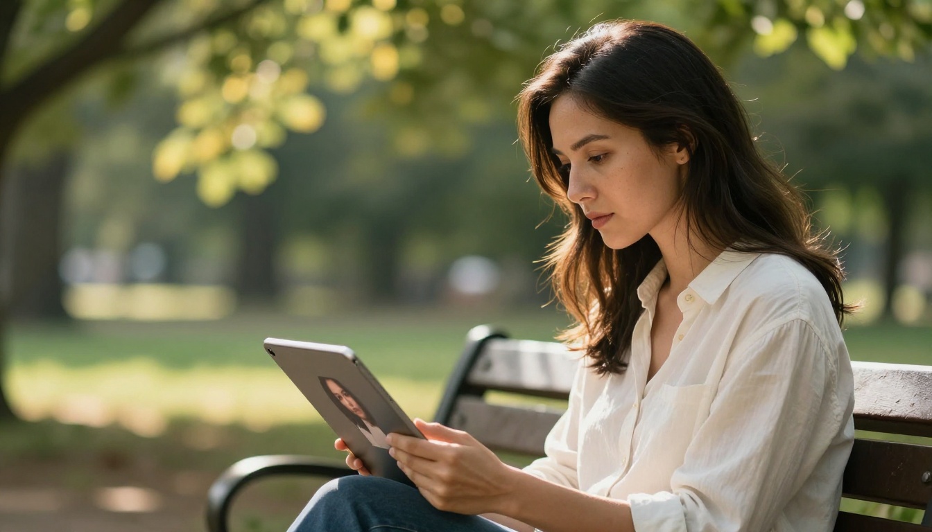 Photographer reviewing AI-enhanced portrait photos on tablet outdoors in park