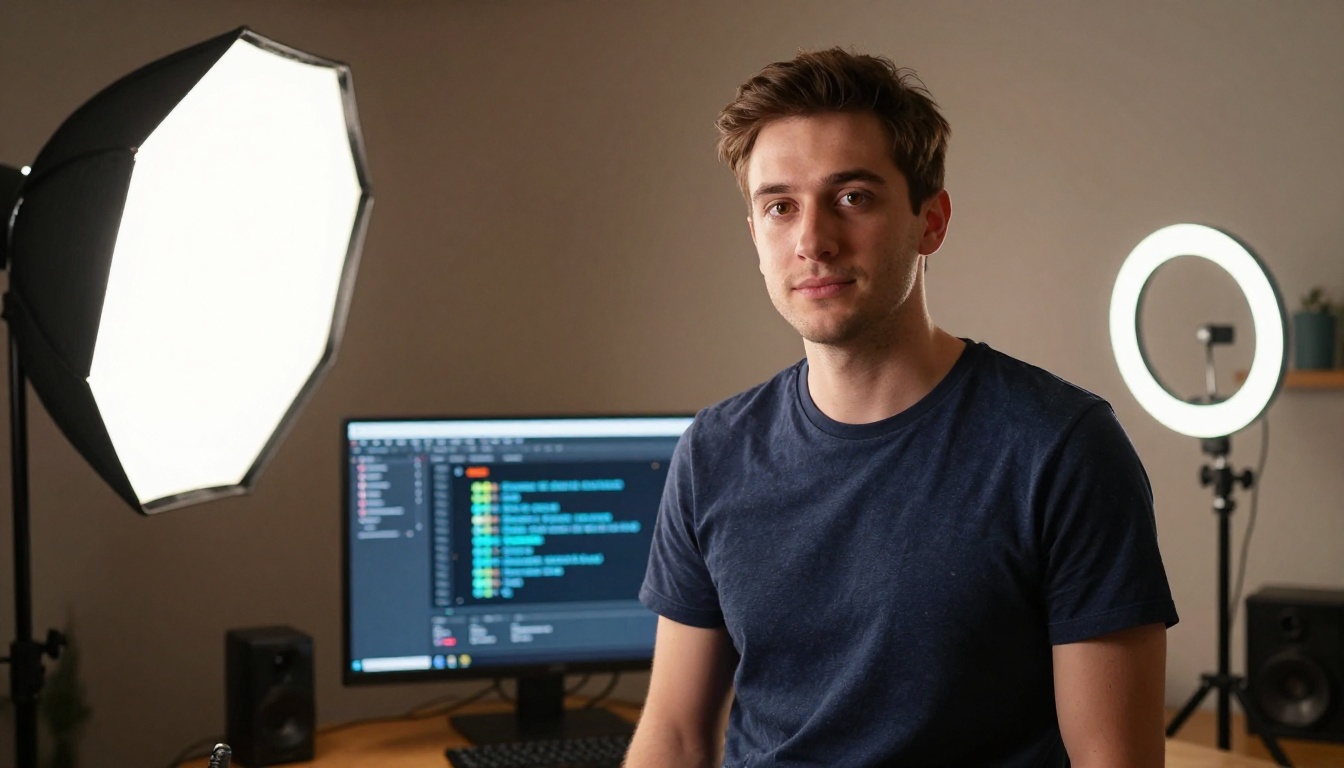 Male content creator filming YouTube video in home studio with AI interface on monitor
