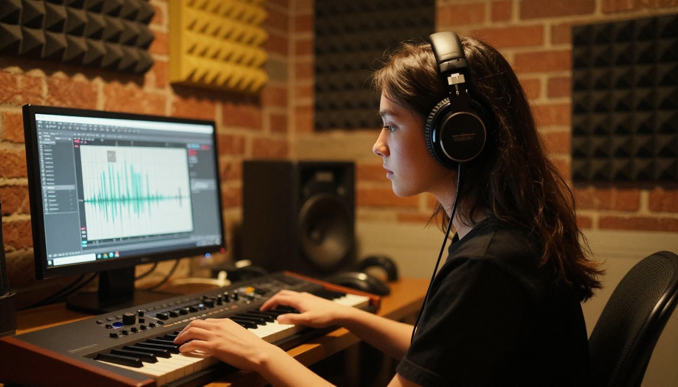 Female musician with headphones in home recording studio with AI music interface
