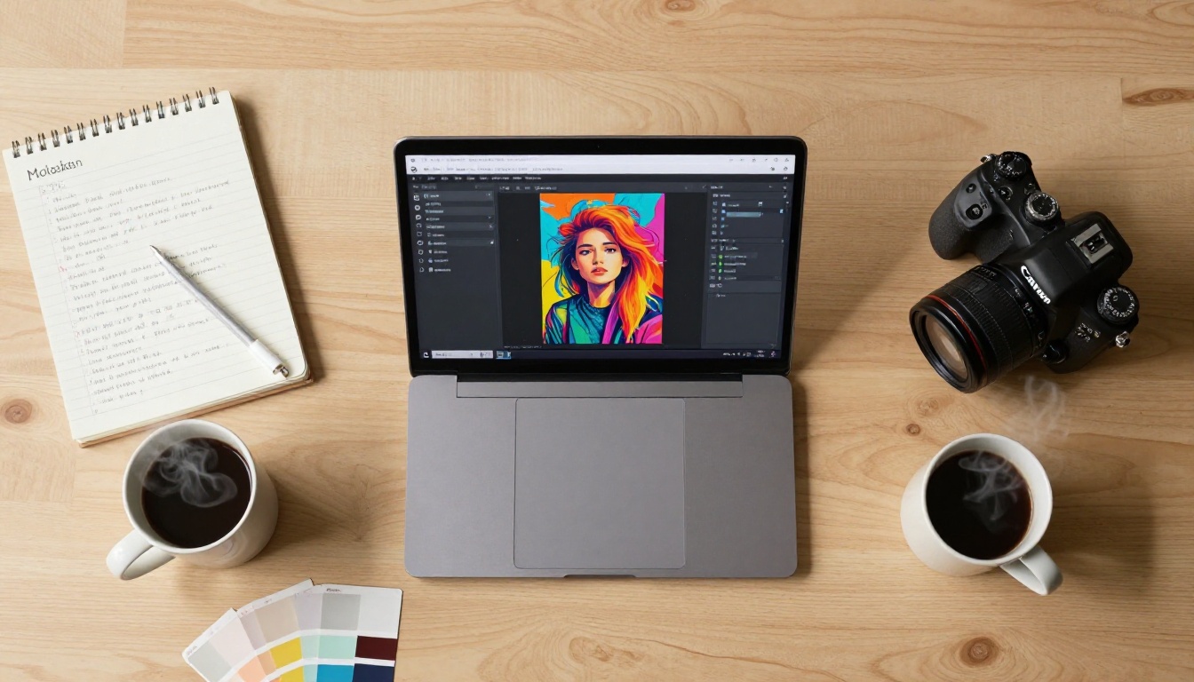 Aerial view of creative workspace with laptop, DSLR camera, coffee mug, and notebook