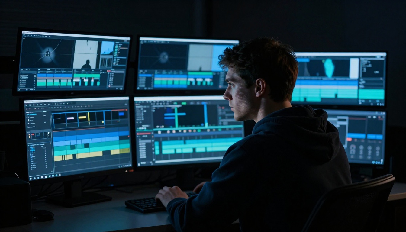 Video editor working on three monitors with AI enhancement tools at night