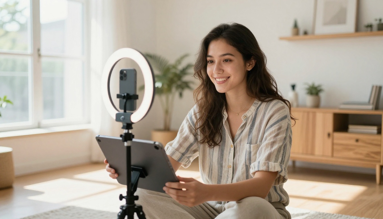 Social media content creator reviewing AI tools on phone in bright apartment