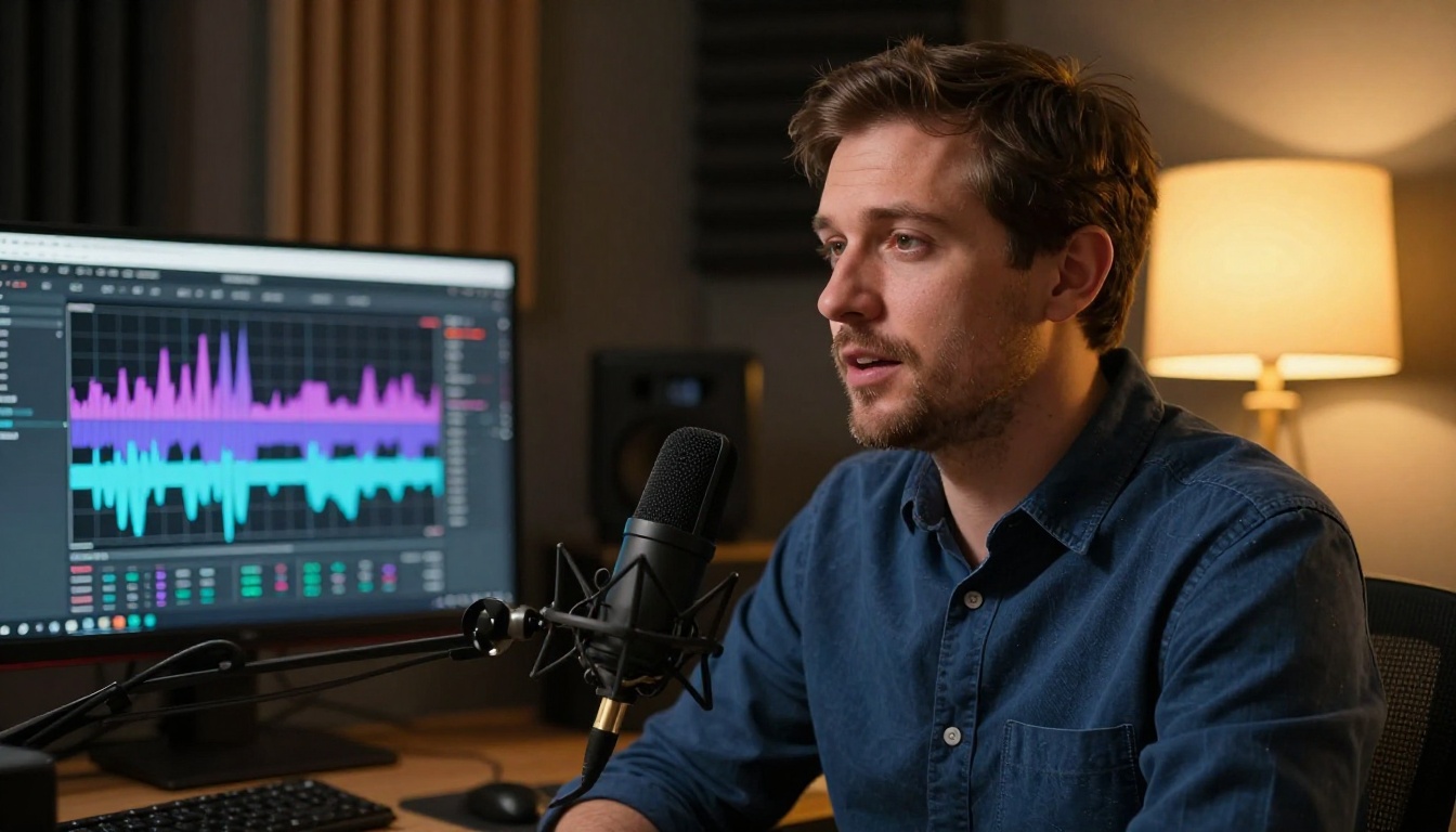 Podcaster recording with condenser microphone, AI voice interface visible on monitor