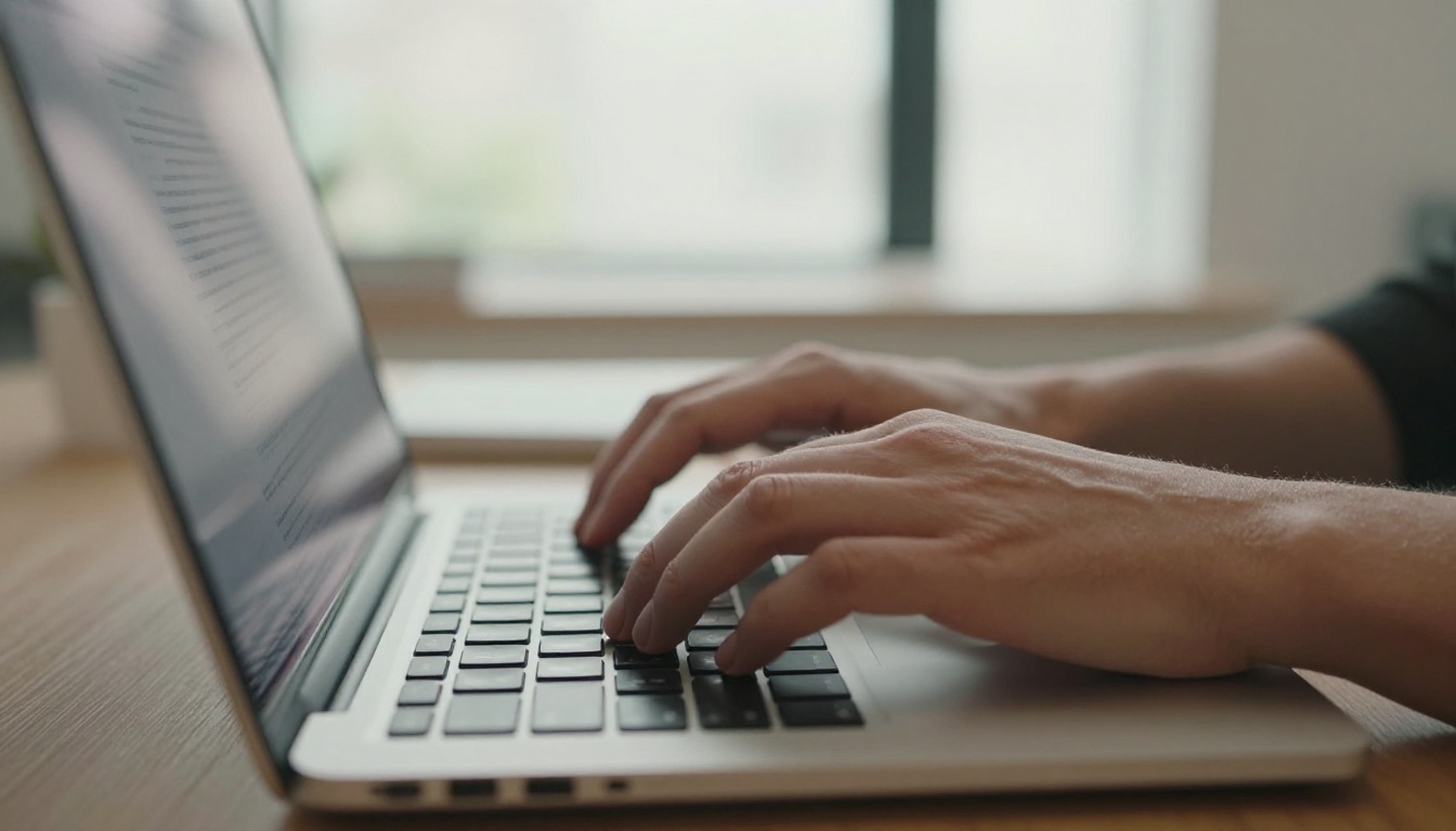 Hands typing on a laptop keyboard in a modern office with natural daylight and shallow depth of field Hands typing on a laptop keyboard in a modern office with natural daylight and shallow depth of field