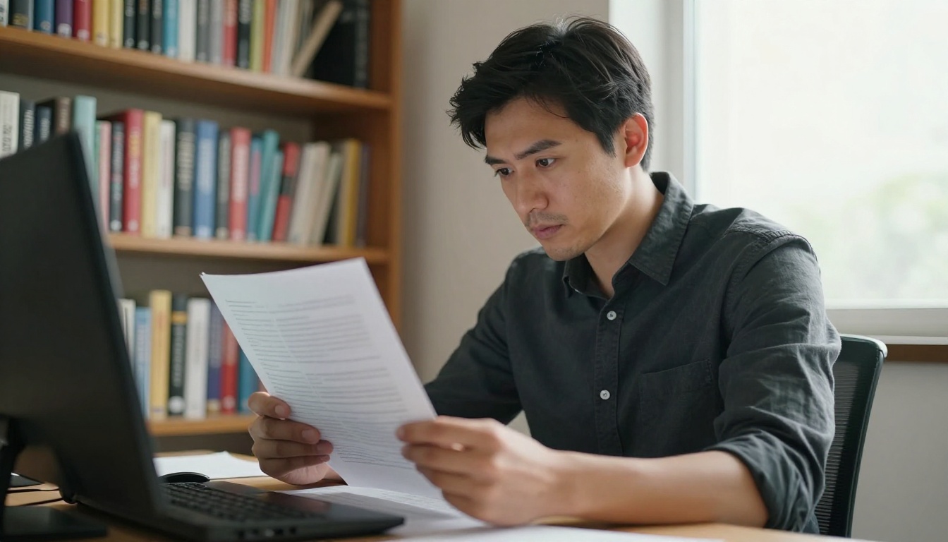Professional man reviewing printed documents at a standing desk, afternoon window light creating contrast on his face, bookshelves in background Professional man reviewing printed documents at a standing desk, afternoon window light creating contrast on his face, bookshelves in background