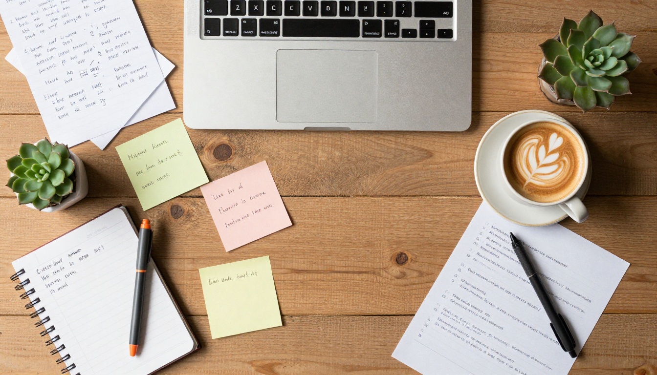 Aerial bird's-eye flat lay of a creative workspace with laptop, notebooks, pens, sticky notes, and coffee mug on a wooden desk Aerial bird's-eye flat lay of a creative workspace with laptop, notebooks, pens, sticky notes, and coffee mug on a wooden desk
