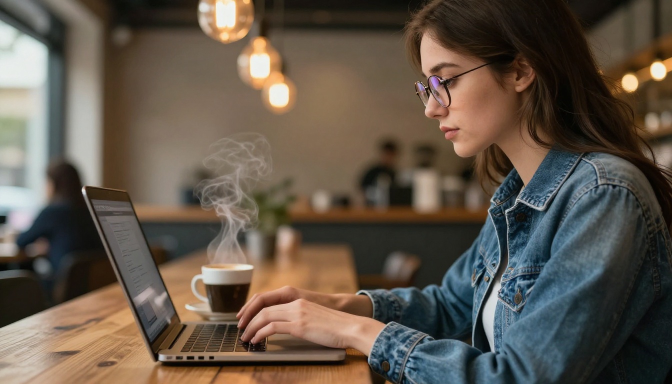 Young woman in a coffee shop working on a laptop, warm Edison bulb bokeh background, steam rising from a coffee cup in the foreground Young woman in a coffee shop working on a laptop, warm Edison bulb bokeh background, steam rising from a coffee cup in the foreground
