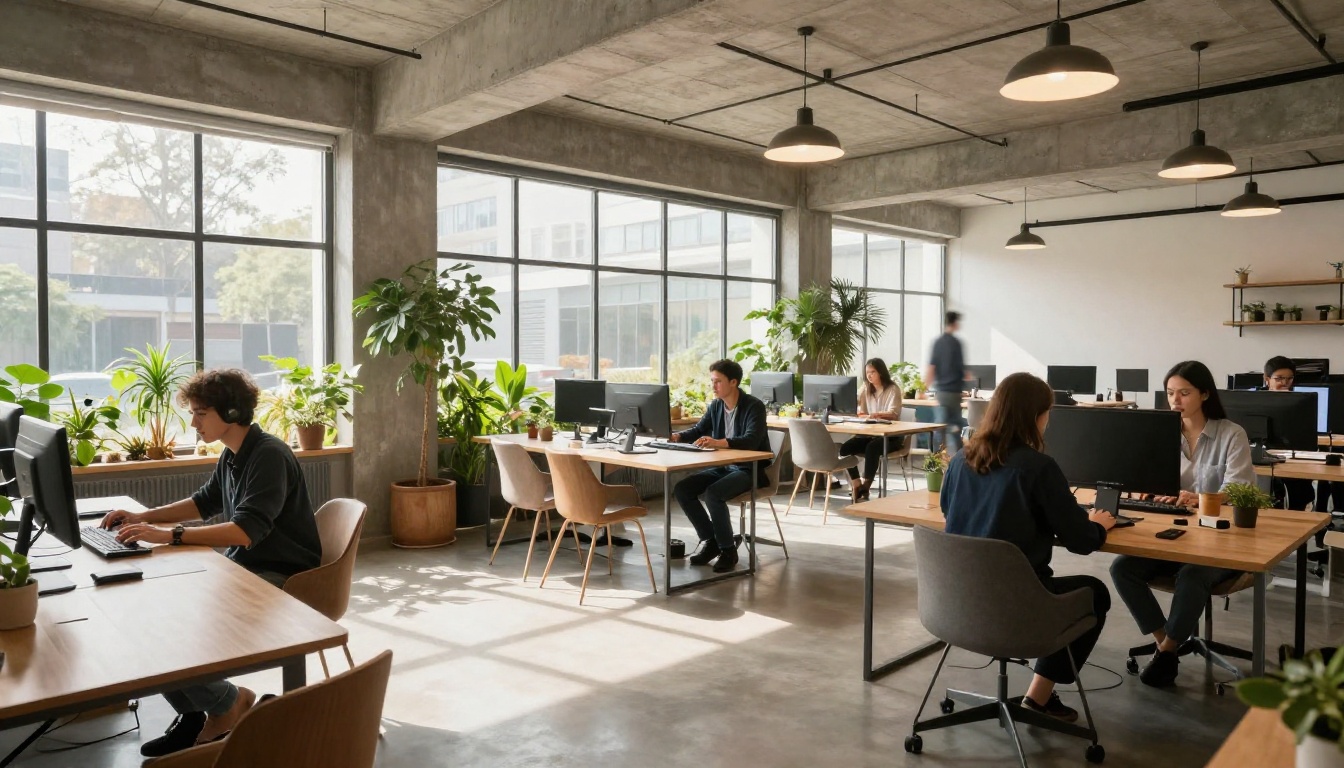 Wide shot of a modern co-working space with professionals at desks, bright natural light flooding from floor-to-ceiling windows, green plants along the windowsill Wide shot of a modern co-working space with professionals at desks, bright natural light flooding from floor-to-ceiling windows, green plants along the windowsill