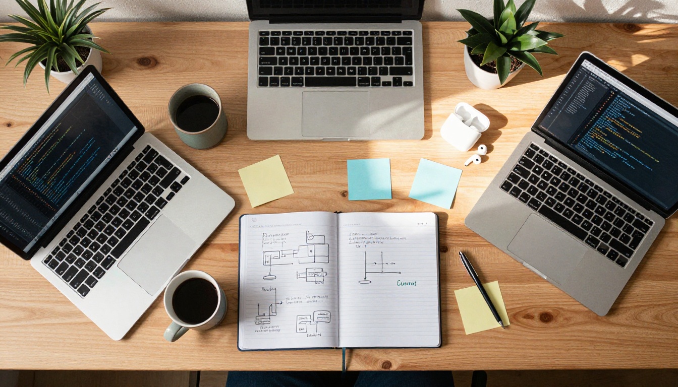 Aerial overhead view of a developer workspace with dual laptops and technical notebook diagrams