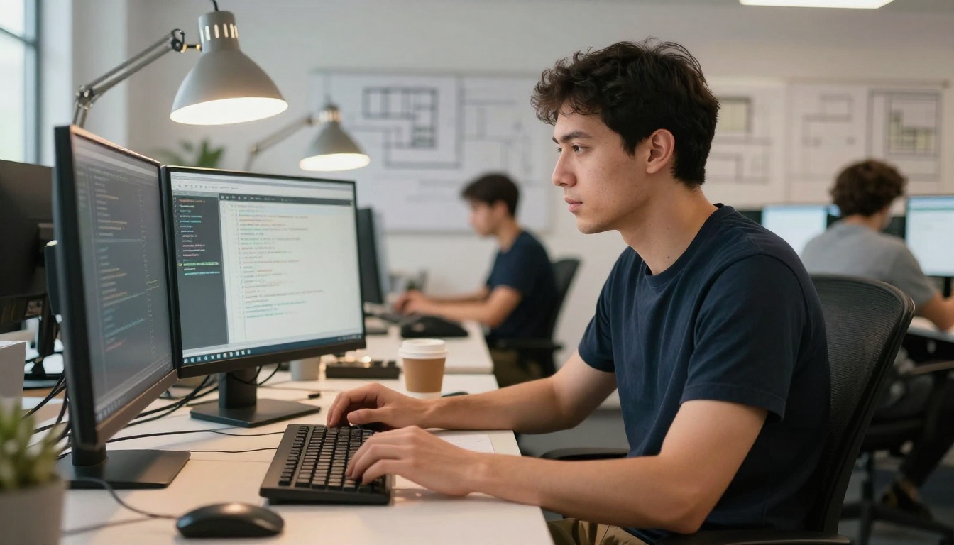 Developer reviewing code on a large monitor in a modern open-plan tech office