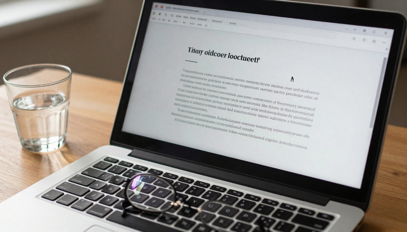 Close-up of a laptop screen showing a text document being written, reading glasses resting on the keyboard, afternoon window light from the right