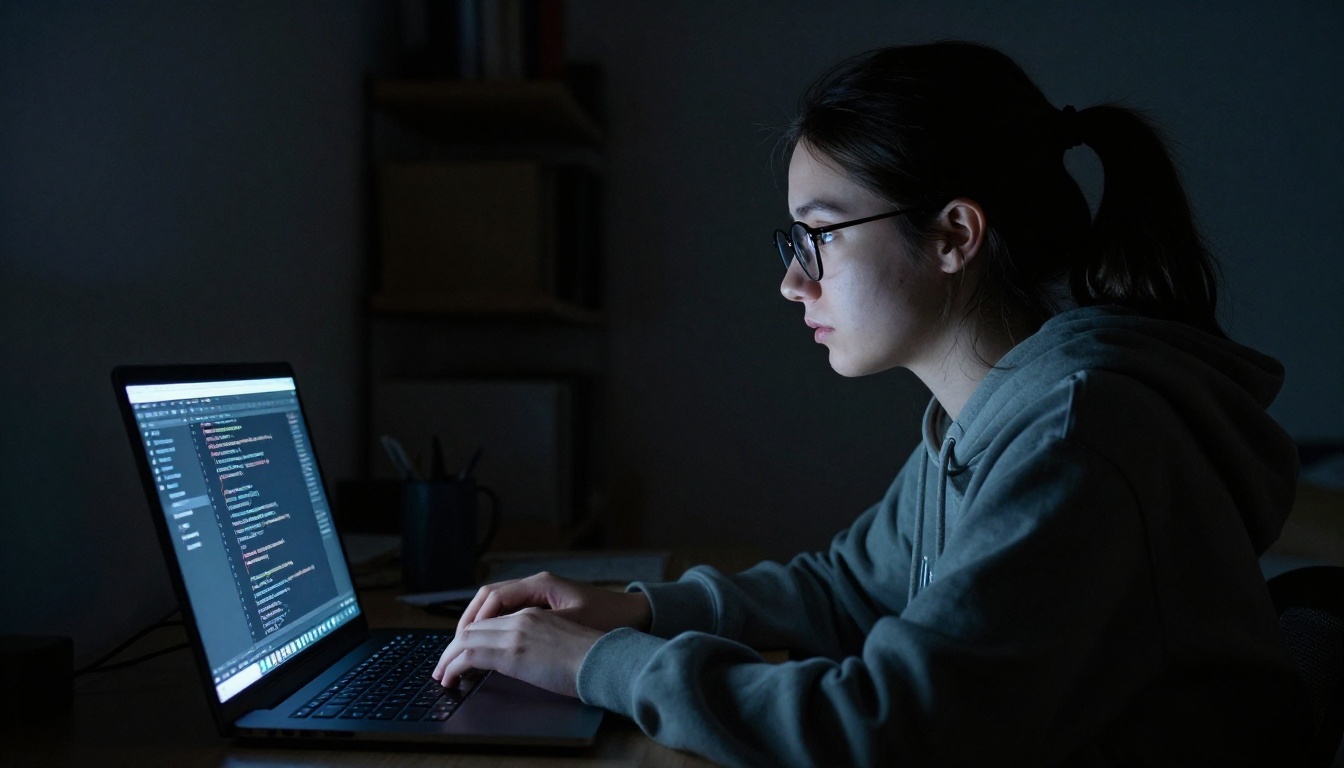 Female developer working late at night, face lit by the monitor glow in a dim apartment