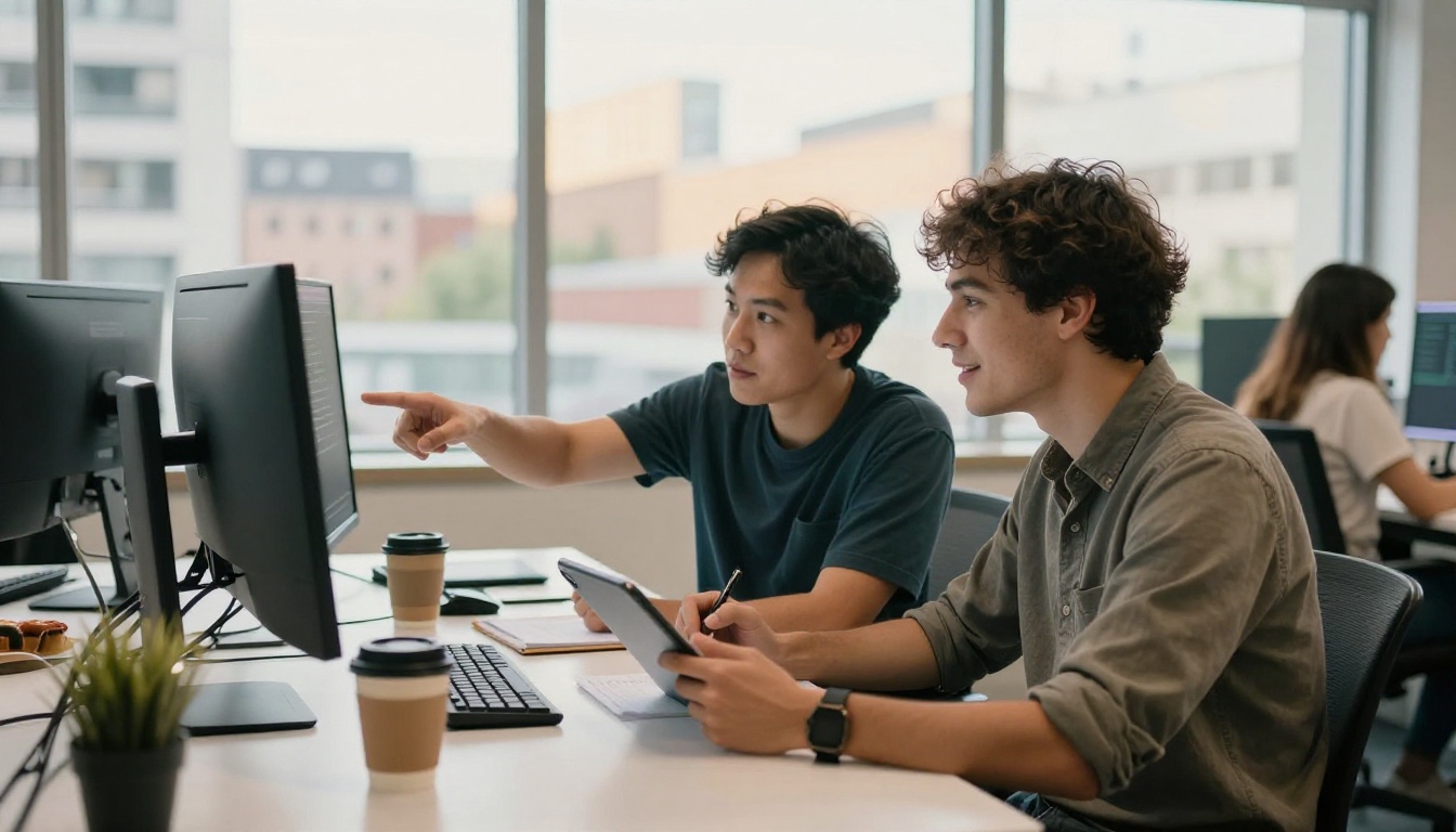 Two developers collaborating at a shared workstation in a bright modern co-working space