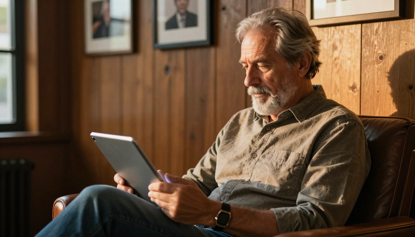 Professional older man with salt-and-pepper beard reviewing content on a tablet in a leather armchair, late afternoon golden light from window