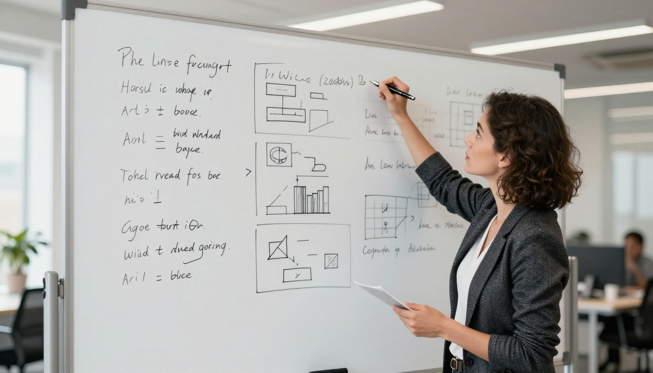 Creative professional woman holding a pen looking at a whiteboard covered in planning notes and diagrams, modern bright office, mixed natural and fluorescent light