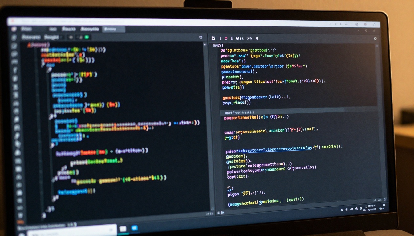 Split-view code editor on monitor showing AI-generated code suggestions and refactoring