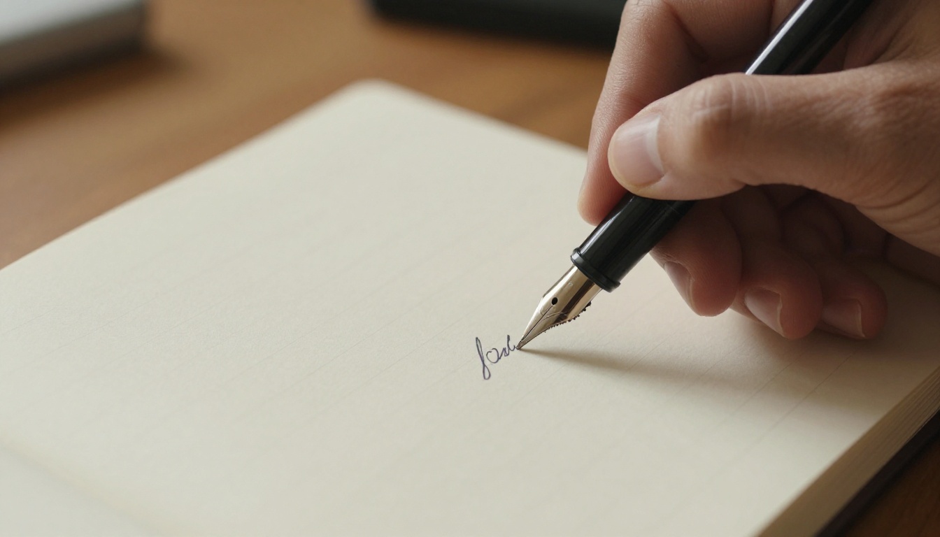 Tight close-up of a fountain pen writing in a notebook, fresh ink with a faint wet sheen, soft morning sidelight from the left, natural skin texture on the writer's hand with a ring on one finger