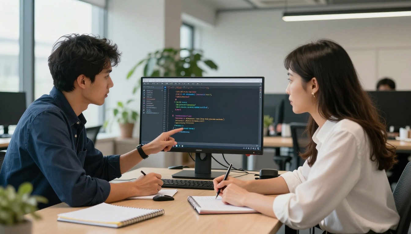 Two software developers doing a collaborative code review session at a shared workstation