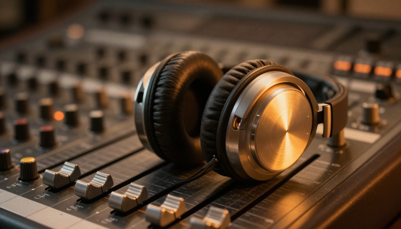 Studio headphones on a professional mixing console with warm amber light