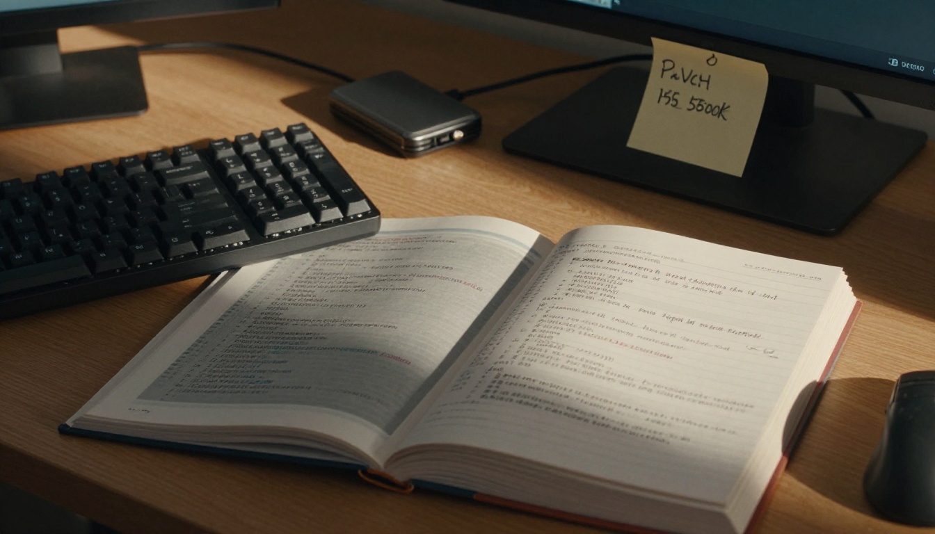 Developer's desk close-up with mechanical keyboard, coding books, and sticky notes