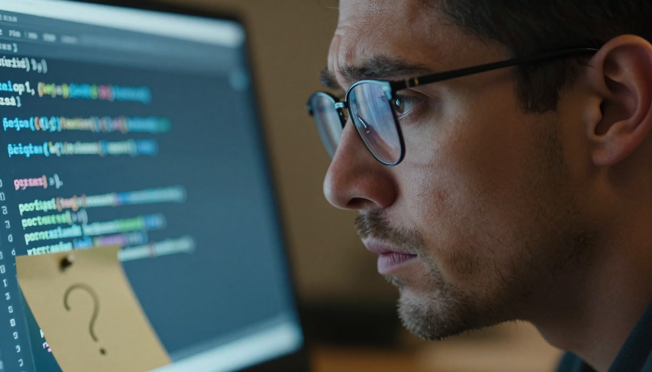 Developer in profile view looking confused and frustrated at code output on screen