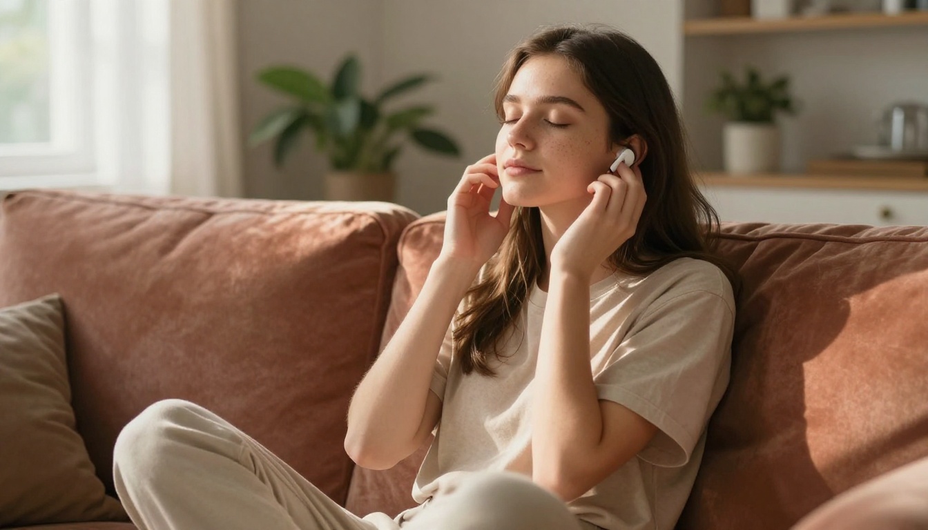 Young woman listening to music with eyes closed, peaceful expression