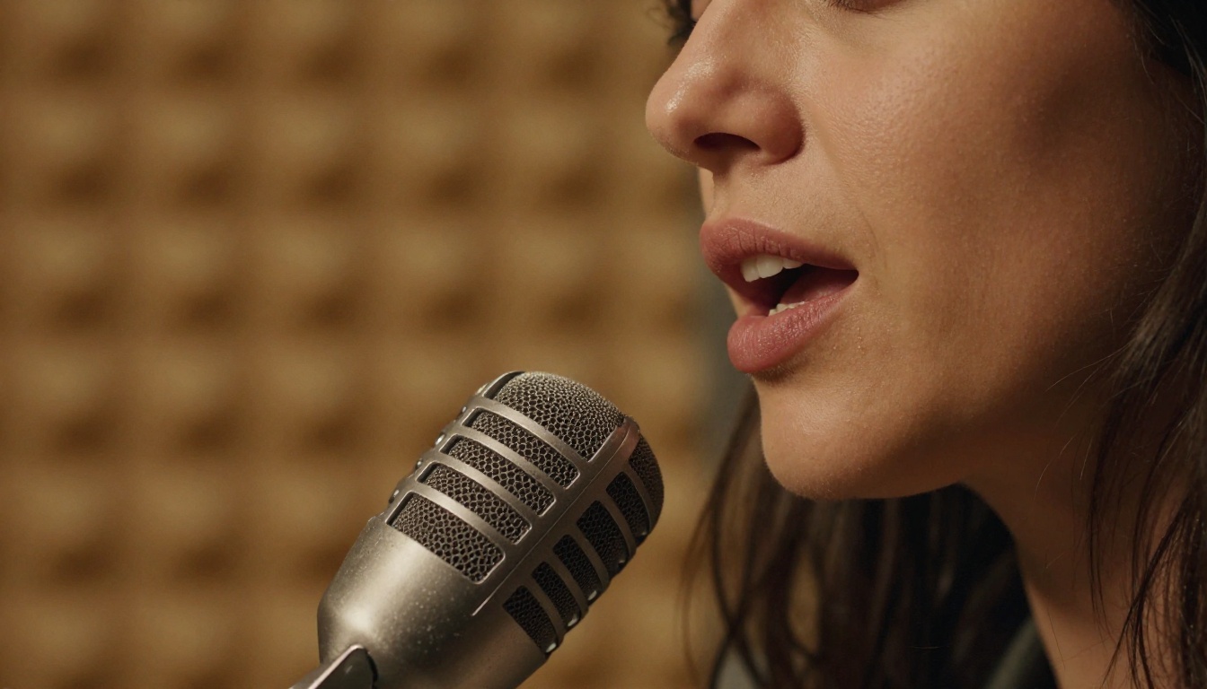 Professional close-up of a woman speaking into a studio microphone, warm tungsten lighting