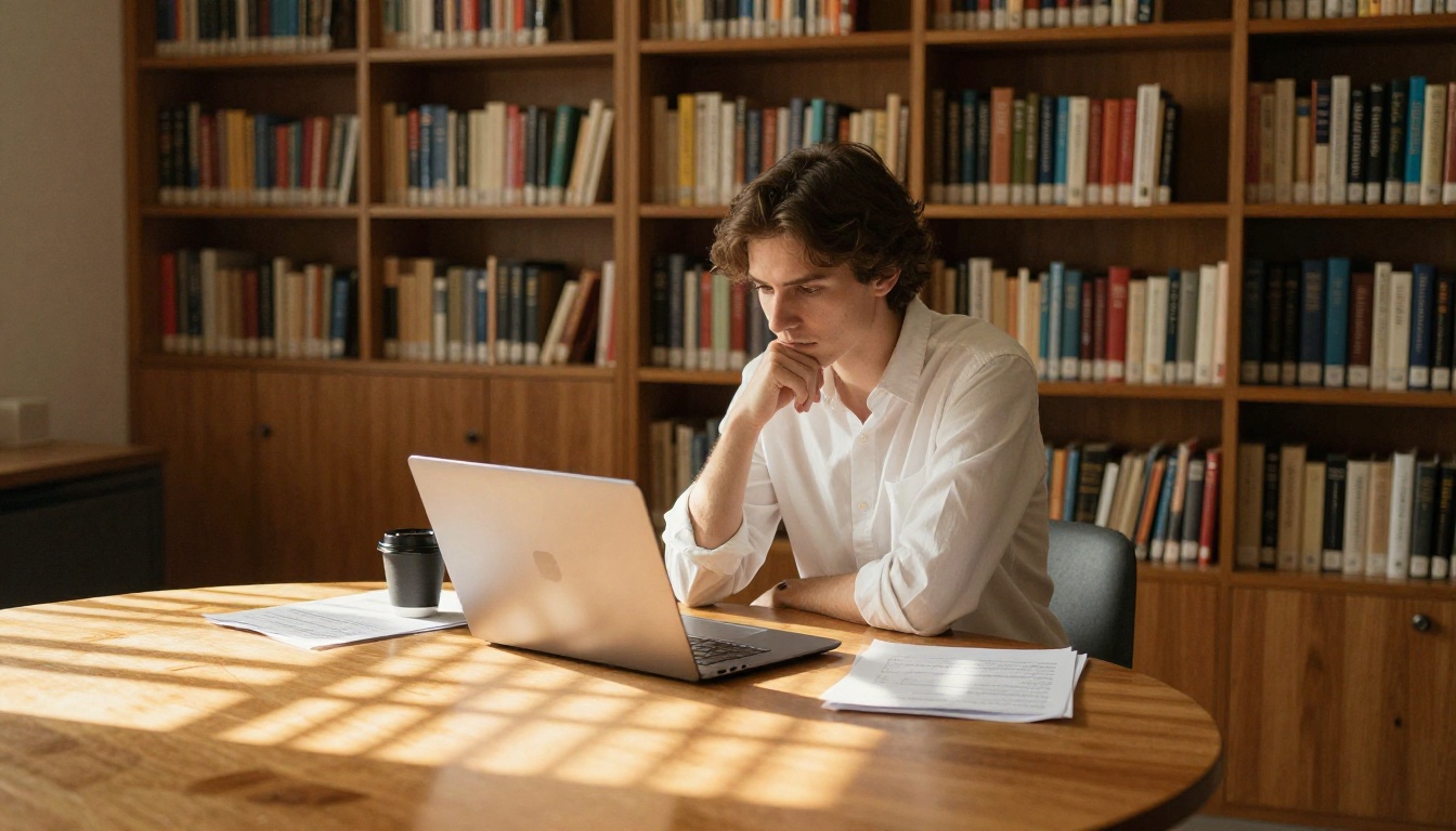 Software engineer working alone in a library-style office with golden hour light through venetian blinds