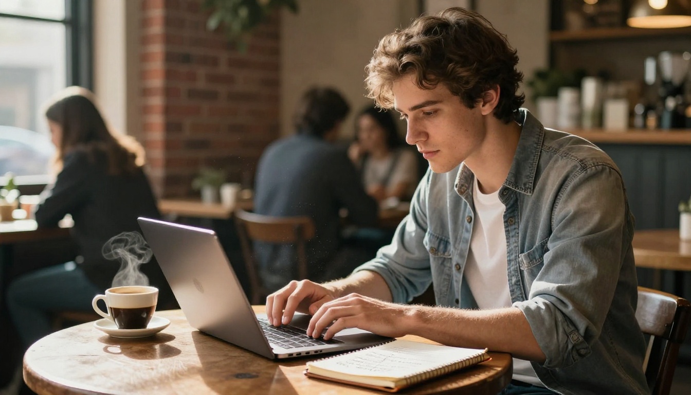 Songwriter at a café table with laptop and notebook