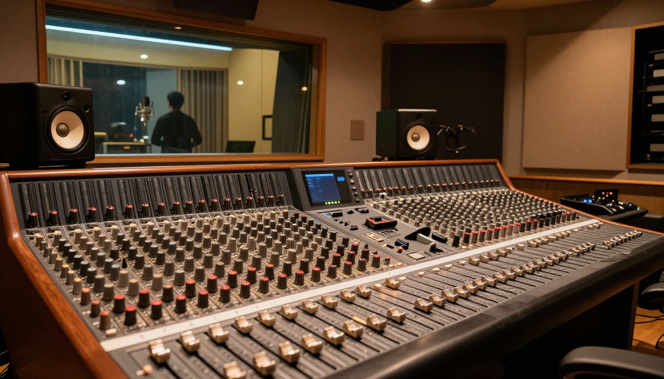 Wide interior shot of a professional mixing console and recording studio