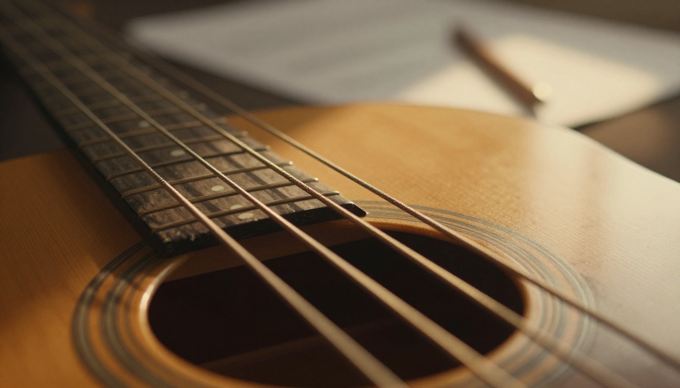 Close-up of acoustic guitar strings in golden afternoon light