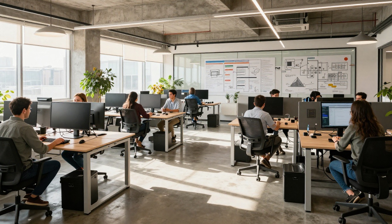 Wide shot of a modern tech startup office with multiple developers at workstations under industrial lighting